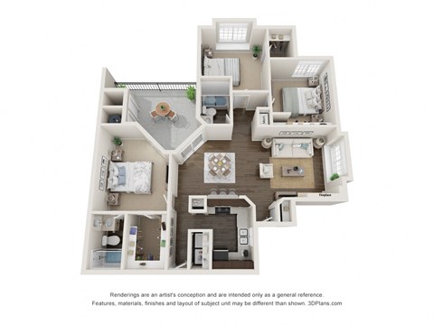 Floor plan for 3 beds, 2 baths, 1290 sqft